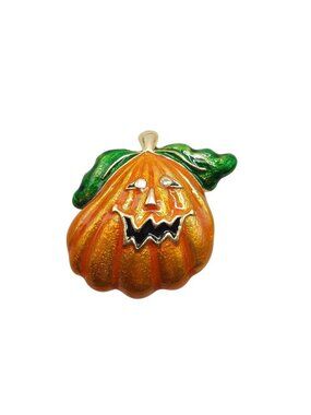 Vintage Halloween Pumpkin Brooch Pin Gold Tone Orange Enamel Jack-O’-Lantern